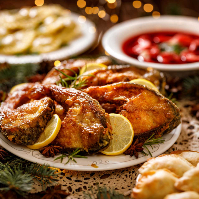 12 potraw wigilijnych- karp, barszcz, uszka, pierogi