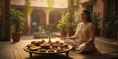 Kobieta medytująca w spokojnym wnętrzu jako symbol równowagi i uważności