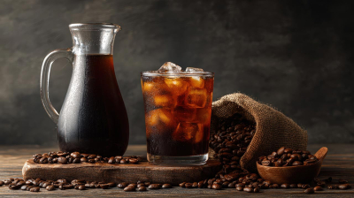 Szklany dzbanek z cold brew i szklanka z lodem, otoczone ziarnami kawy na stole
