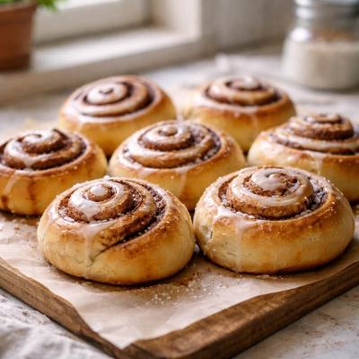 Puszyste domowe cynamonki z lukrem na drewnianej desce, w naturalnym świetle