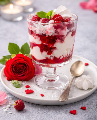 Deser walentynkowy Eton Mess z malinami w pucharku obok czerwonej róży