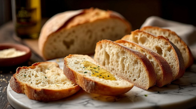 Kromki chleba skropione oliwą z oliwek na talerzu