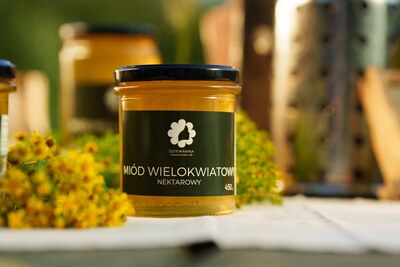 Słoik miodu wielokwiatowego nektarowego. Dziewanna wśród żółtych kwiatów.