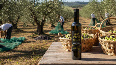 Oliwa z oliwek – naturalny tłuszcz do gotowania i sałatek Oliwa z oliwek w butelce na stole w gaju oliwnym