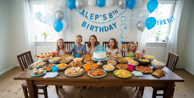 Dzieci przy stole podczas urodzin z kolorowymi przekąskami i balonami